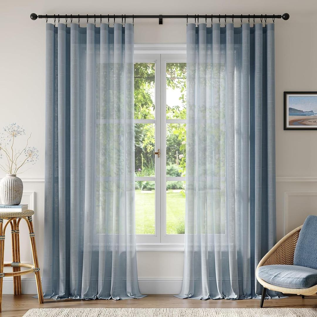 Anmao Natural Linen Curtains for Living Room 96 Inch Length 2 Panels Set, Light Filtering Semi Sheer Window Curtain Drapes for Bedroom with Curtain Rings and Clips, 52 Inch Wide Each Panel, Haze Blue
