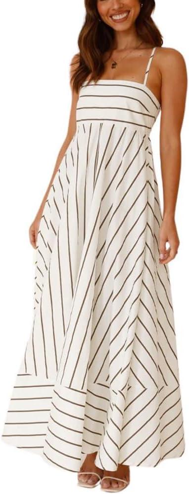 chouyatou Women's Summer Striped Spaghetti Strap Maxi Dress Boho Flowy Swing Back Smocked Beach Sundress (White)