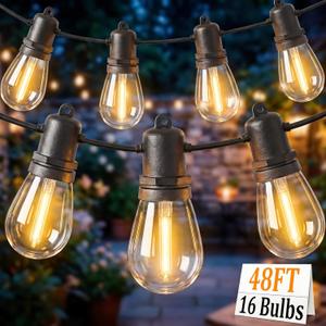 S14 Patio String Lights, 48FT Outdoor Patio String Light with 17 Clear LED Bulbs (1 Spare), UL Certified Waterproof Hanging Lights for Outdoor & Indoor - Commercial Grade Black Wire
