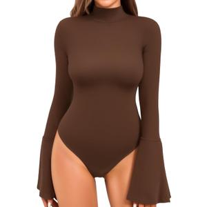 MANGOPOP Bell Sleeve Mock Neck Long Sleeve Bodysuit for Going Out Tops for Women (Medium, Coffee)