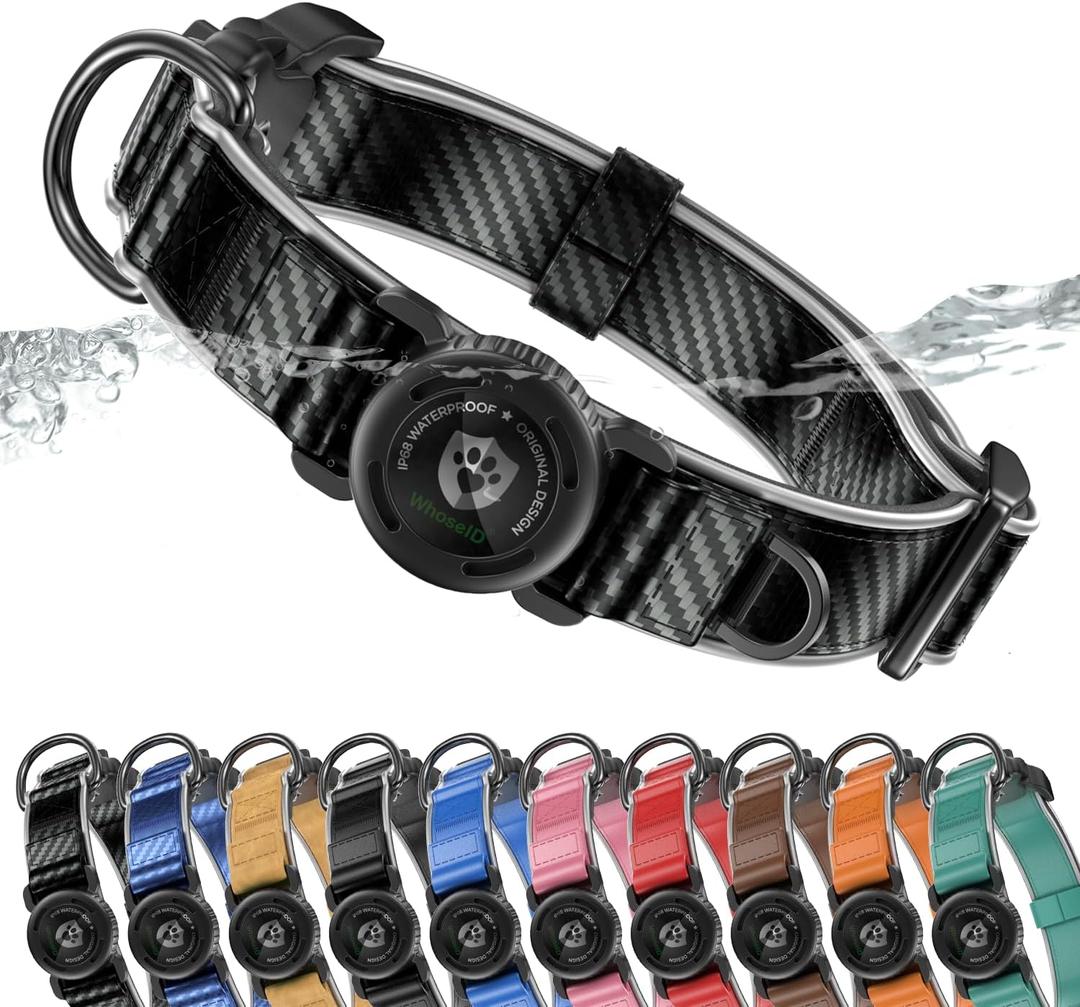 WhoseID AirTag Dog Collar, Waterproof Reflective Leather Dog Collar with AirTag Holder and Magnetic Buckle, Heavy Duty Pet Collar for Small Medium Large Dogs, Black