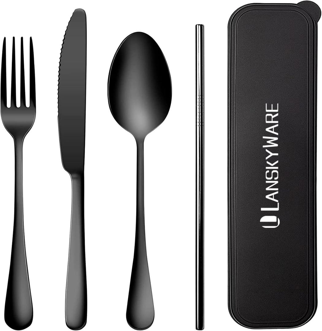 Portable Utensils Set with Case,Reusable Office Flatware Set,Healthy Travel Cutlery Set 4 PCs Stainless Steel Knife Fork Spoon Straw Cutlery Ideal for Travel, Lunch Box and Camping (Black-4 PCs)