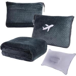 3 in 1 Travel Blanket Pillow Set - 350 GSM Thick Travel Blanket Airplane Compact with Bag, Soft Bag with a Pocket, Inflatable Travel Pillow for Camping & Car Trip (Dark Grey)