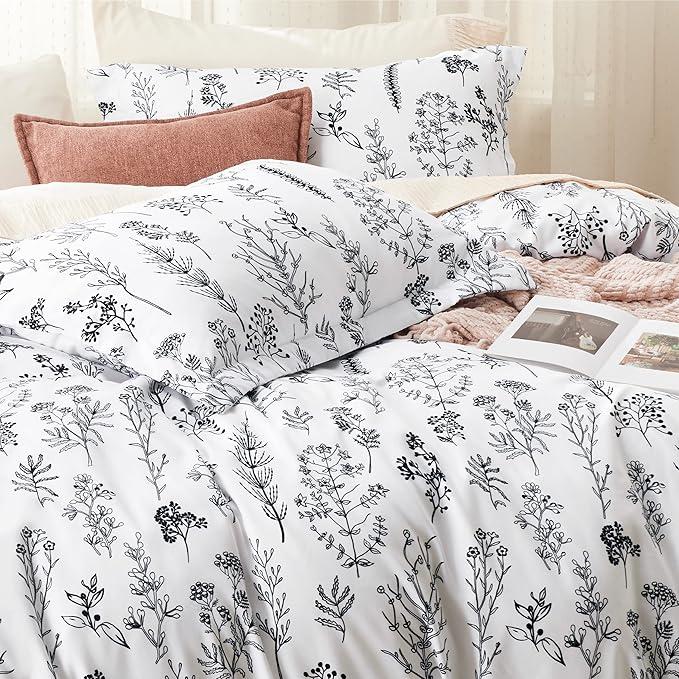 King Comforter Set - Bright White Bed Set Cute Floral Bedding,