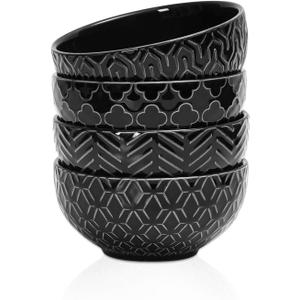 Sureasy Ceramic Ice Cream Bowls, 12oz Embossed Dessert Bowls Set, 4.6 Inch Stoneware Small Bowls for Snack, Sauce, Fruits, Microwave and Dishwasher Safe, Set of 4, Black