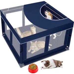Dog Kitten Playpen with Play Pen Cover for Cat Indoor, 42x42 x25.5 Puppy Playpen for Small Pet with See-Through Topper Proof Enclosed Door Dog Pen, Sturdy Warm Protable Play Pen for Cat (Royal Blue)