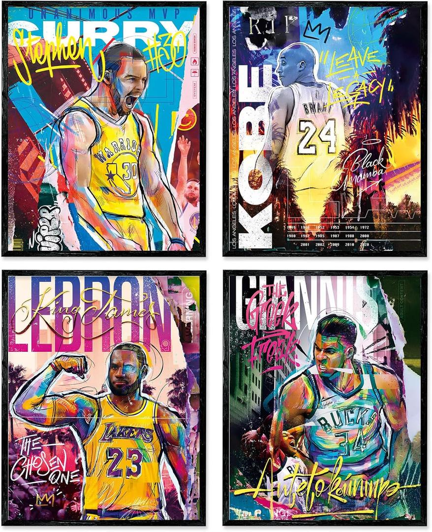 Famous Basketball Star Posters Wall Art, 8x10 Inch Canvas Prints Unframed Set of 4, Basketball Posters for Boys Bedroom Dcor