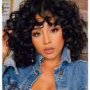 Short Curly Wigs with Bangs for Black Women, Loose Wavy Afro Kinky Curly Wig, Soft Heat Resistant Synthetic Hair Natural Looking Wig for Daily Party Cosplay (Black)