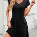 Summer Dresses for Women 2025 Casual V Neck Flutter Short Sleeve Mini Dress Beach T Shirt Sundress with Pockets (Black, L)