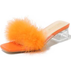 Women's Square Toe Heeled Sandals Low Block Chunky Heels Clear Mules Fluffy Feather Slip on Wedding Bridal Party Dress Shoes (9.5, Orange)