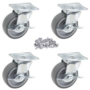 3"(75mm) Swivel Gray TRP Rubber w/Metal Side Brake Casters with M6 Screw,8.8mm Bolt Hole on Top Plate,Plain Bearing Wheel Moves Smooth Quiet Sturdy,Total Load Capacity 465Lbs/210Kg 4-Pack