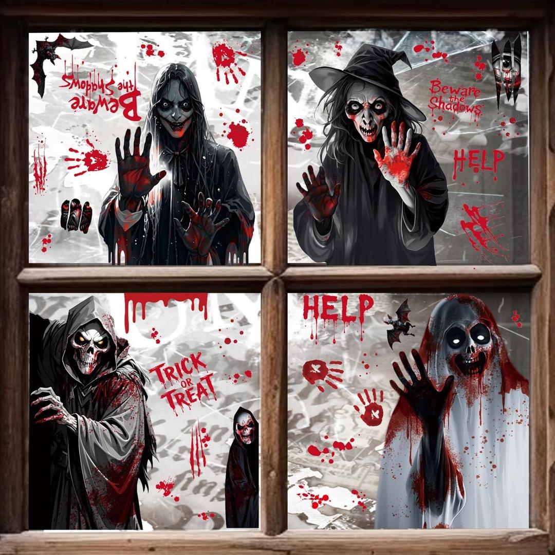 2 x Scary Halloween Window Clings Decorations, Large Double Side Halloween Window Stickers Removable for School Shop Home Decor/Indoor Party Decorations (Style B)