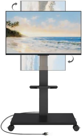 Neothm Mobile TV Stand with Power Outlet, Tilting & Swivel Rolling TV Cart for 32-75 Inch TVs, Height Adjustable Portable TV Stand with Shelf, Portrait/Landscape, 88 lbs Capacity, Max VESA 600x400mm