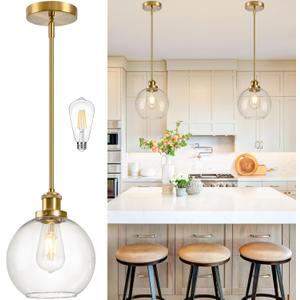 Bagood 8 Inch Gold Hanging Pendants Light Contemporary Globe Pendant Kitchen Island Modern Pendant Lights with Clear Glass Adjustable Hanging Light Fixture for Dining Room Bedroom (Bulb Incl.)