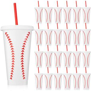 Domensi 24 Pcs Plastic Cups with Lid Straw 24 oz Reusable Tumbler Water Bottle Coffee Mug for Team Employee Students Birthday Party Favors Supplies(Baseball)