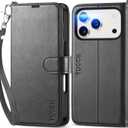 TUCCH Wallet Case for iPhone 17 Pro (6.3") 2025, Wrist Strap RFID Blocking 4 Card Slots, Kickstand, Shockproof TPU Shell, PU Leather, Magnetic Closure, Protective Flip Folio Cover, Black
