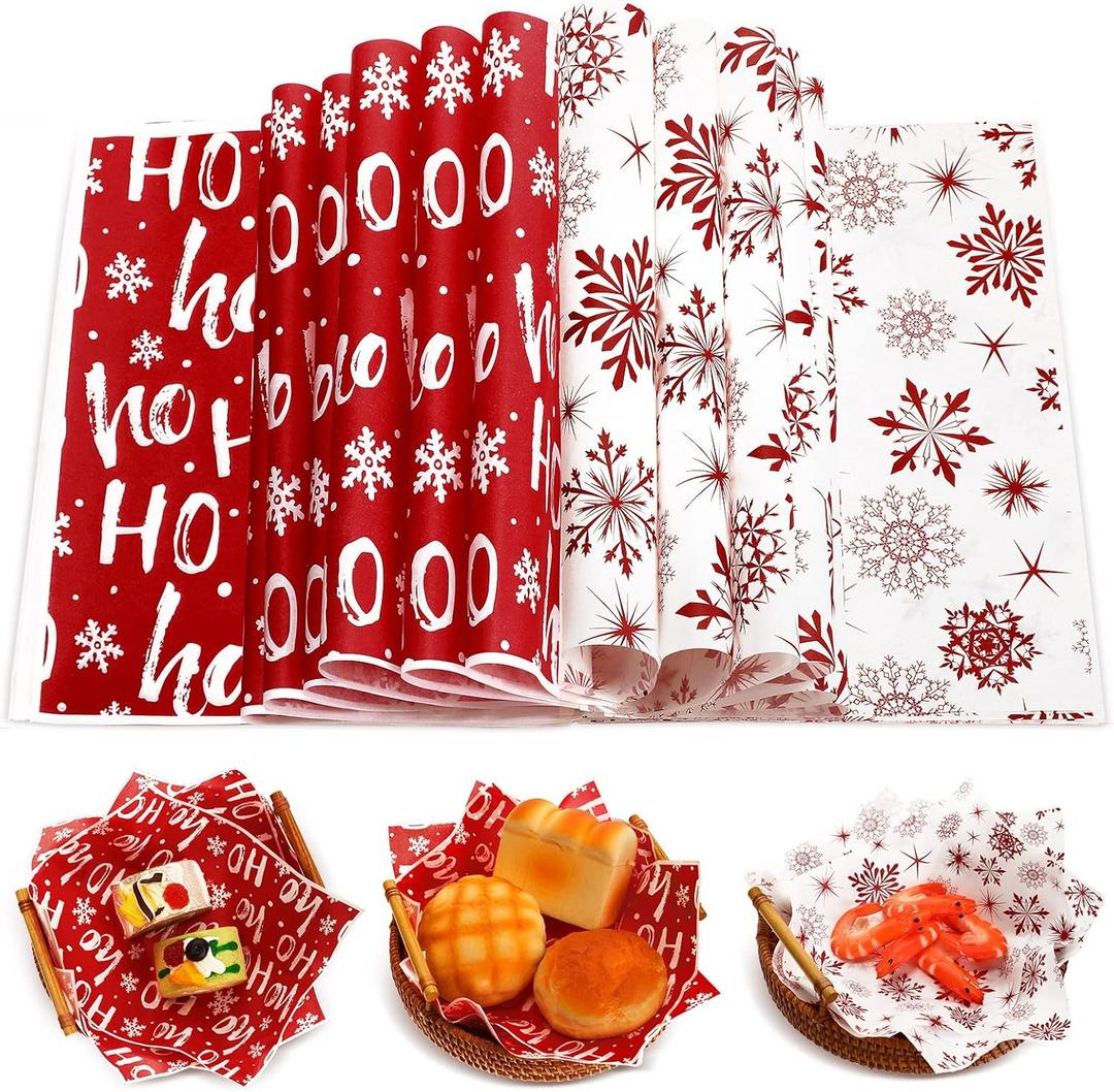 Fumete 160 Pcs Christmas Wax Paper Sheets for Food Snowflake Hoho Wax Wrapping Bulk Deli Parchment Baking Paper Sandwich Candy Cookies Waterproof Wrappers Oilproof Basket Liners (8 x 10 Inch)