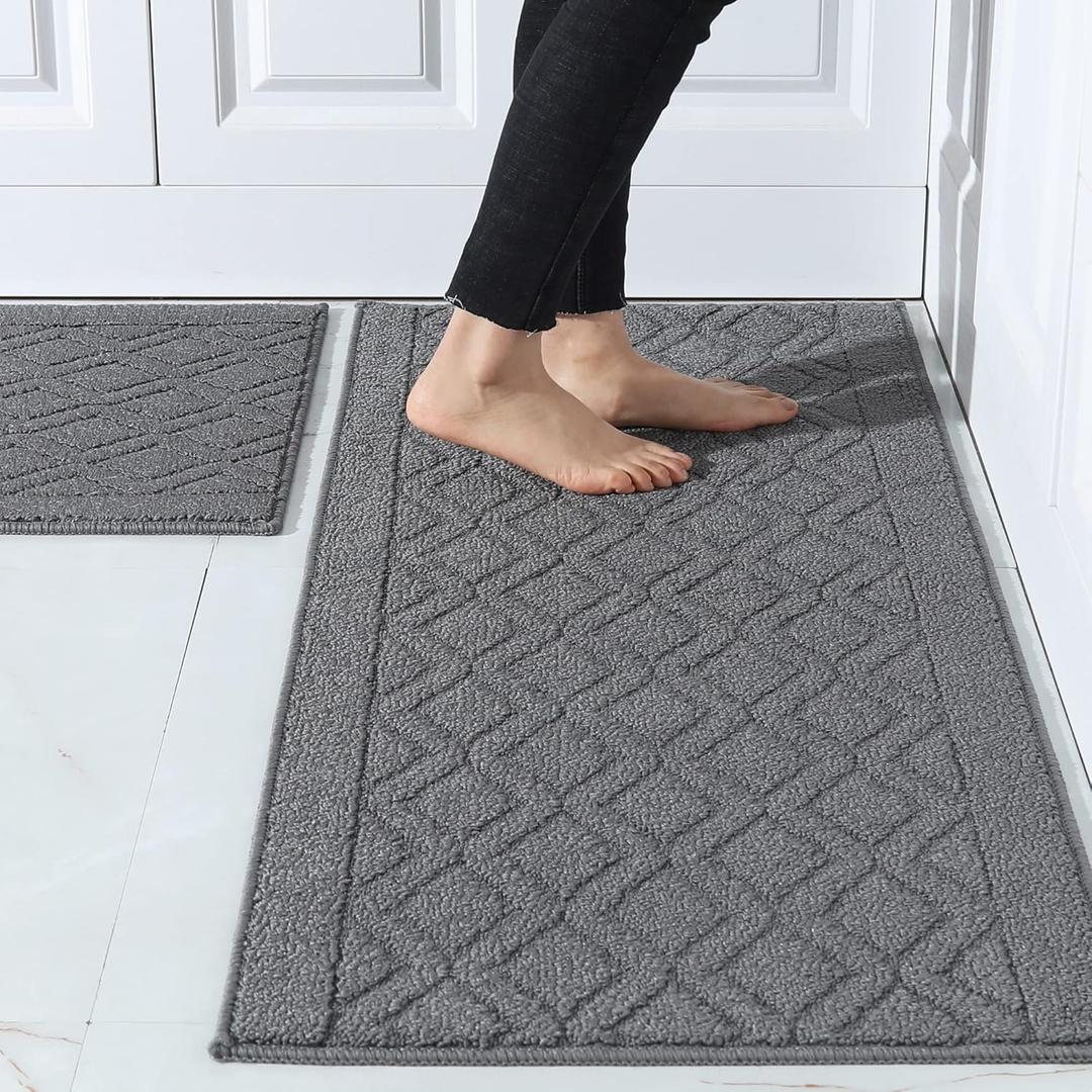 COSY HOMEER 48x20 Inch/30X20 Inch Kitchen Rug Mats Made of 100% Polypropylene 2 Pieces Soft Kitchen Mat Specialized in Anti Slippery and Machine Washable (Grey) (48"x20"+ 30"X20")