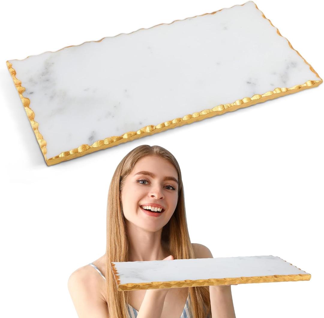 9" X 6" Marble Tray with Golden Foiling Natural Marble Board White Slab Candle Plate Tray for Kitchen Counter Cheese Charcuterie Wedding Gift House Warming Gift