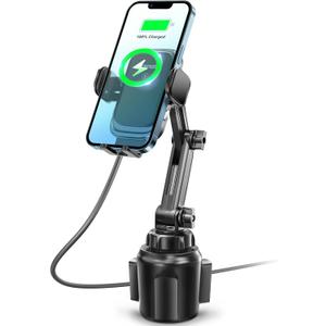 TOPGO [Upgraded Cup Phone Mount Wireless Charger, Universal Cell Phone Holder Car Charger Wireless Charger Cup Phone Holder Fast Charging for iPhone16 Pro Max, Samsung Galaxy - Black