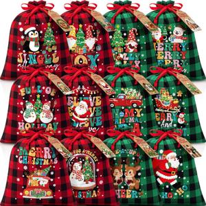 12 PCS Burlap Christmas Drawstring Gift Bags, 10x12in Buffalo Plaid Xmas Gift Bags w/ Tags, Cotton Fabric Goody Gift Treat Bags Xmas Sacks Medium Reusable Gift Wrapping Bags for Holiday Party Favors (Red Black & Green Black)