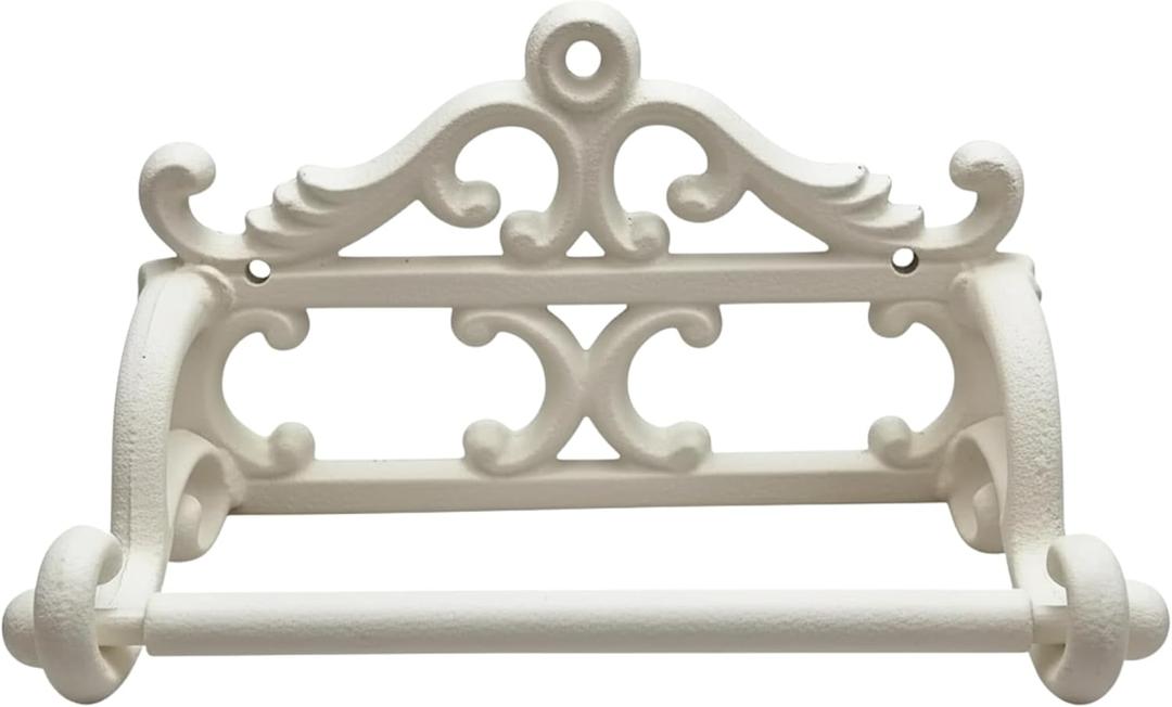 Comfy Hour Decorative Cast Iron Toilet Paper Holder, White Victorian Scroll Wall Mounted Paper Roll Organizer, Shabby Chic Bathroom Accent, Finished Metal Tissue Hanger, 1 Unit