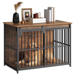 HOOBRO Dog Crate Furniture, 36.6" Heavy Duty Dog Kennel with Sliding Barn Door, Wooden Dog Cage Indoor, Decorative Side End Table for Small/Medium Dogs, Rustic Brown and Black FG162GW03G1
