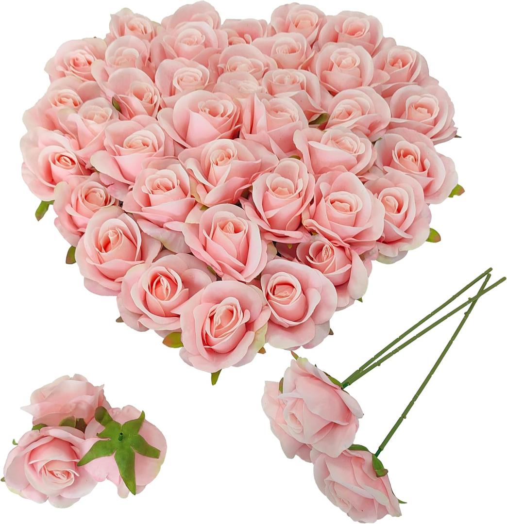 Artificial Satin Rose Flower Heads,42 Pcs Silk Rose Heads with Stems,3.5'' Rose Artificial Flowers Bulk,Artificial Rose Flower Heads for DIY Crafts Bouquet (42, Light Pink) 