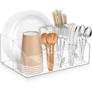 Silverware Organizer,Acrylic Utensil Holder for Party Utensil Silverware Caddy Paper Plate Holder Paper Plate Organizer for Countertop,Buffet,Picnic with 8 Compartments for Plate,Cup,Fork,Spoon