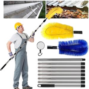 Gutter Cleaning Tools from The Ground, 10ft Gutter Cleaner with 2 Gutter Cleaning Brush, Roofing Tool Rain Gutter Guard Cleaner Tool, Easy Remove Leaves and Debris from The Ground, Yellow/Blue