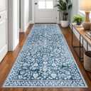 Vintage 3x8 Hallway Rug, Blue and White Washable Hallway Runner Rug Non Slip, Super Soft Kitchen Runner Rug, Print Faux Wool Floral Thin Carpet Runner for Entryway Indoor Bedside Runner