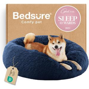 Bedsure Calming Dog Bed for Medium Dogs - Donut Washable Medium Pet Bed, 30 inches Anti-Slip Round Fluffy Plush Faux Fur Cat Bed, Fits up to 45 lbs Pets, Navy