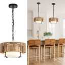 12.6" Rattan Pendant Light, Boho Chandelier Light Fixture with Fabric Shade, Farmhouse Rattan Hanging Ceiling Lighting Fixture for Dining Room, Living Room, Kitchen Island, Bedroom, Hallway, Foyer (Brown - Straight weaving)