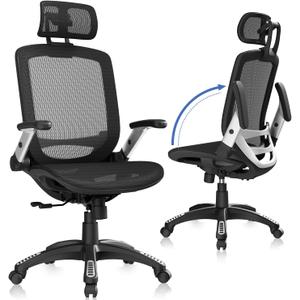 GABRYLLY Ergonomic Office Chair, High Back Home Desk Chair with Headrest, Flip-Up Arms, 90-120 Tilt Lock and Wide Cushion, Big and Tall Mesh Chairs for Man Woman, Black Task Chair