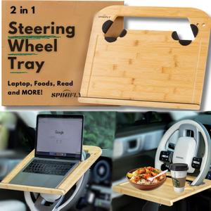 2 in 1 Steering Wheel Tray  Car tay & Food Table  Car Essentials Double-Sided Bamboo Car Desk for Laptop, Eating & Reading  Fits up to 17" Laptop  Size 17 * 15