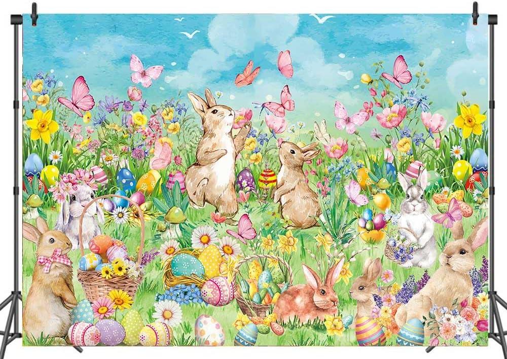 Hello Spring Easter Backdrop Spring Rabbits Eggs Happy Easter Day Party Decoration Photo Prop Booth Indoor Outdoor(86FT)