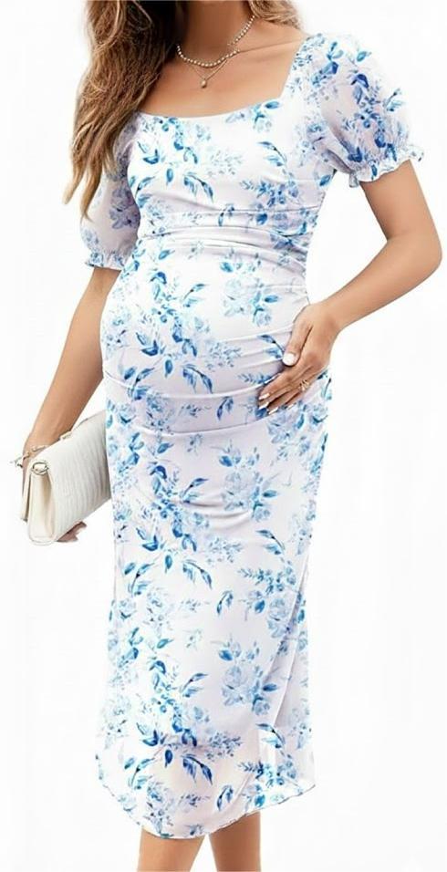 Mesh Ruched Maternity Dress Baby Shower Wedding Guest Pregnancy Shoot Fall Long Short Sleeves Square Neck (Small)