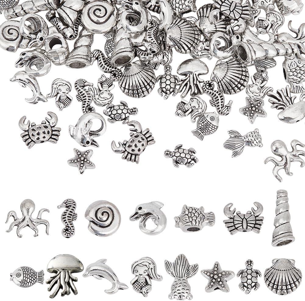 PH PandaHall 150PCS 15 Styles Ocean Animal Tibetan Beads Antique Silver Sea Turtle Starfish Spacer Beads Sea Life Creatures Alloy Loose Beads for DIY Necklace Bracelet Craft Jewelry Making
