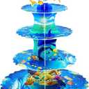 AMZWKT 4-Tier Extra Large Happy Birthday Under The Sea Ocean Cardboard Cupcake Stand Ocean Themed Birthday Party Decorations for Boys Girls First Baby Shower Baby Shark Decoration