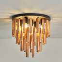 5-Light Semi Flush Mount Ceiling Light Fixture Rustic Wood Chandelier Retro Ceiling lamp Oak and Black with E26 for Farmhouse Kitchen Living Room Entryway Bedroom Dining Room Bathroom.