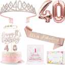 40th Birthday Gifts Decorations for Women, Including 40th Happy Birthday Cake Toppers, Birthday Queen Sash with Pearl Pin, Sweet Rhinestone Tiara Crown, Number Candles and Balloons Set
