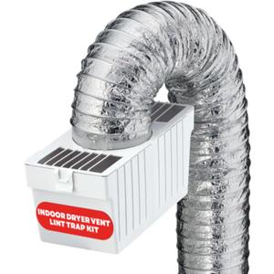 Deflecto LTF Indoor Dryer Vent Lint Trap Kit  Energy-Efficient Venting Solution with Supurr-Flex Flexible Duct, Plastic Lint Reservoir and Secure Clamps for Electric Dryers |Pack of 1 - White/Silver