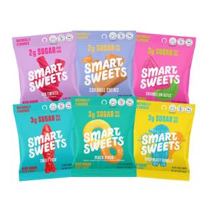 SmartSweets Variety Pack Sampler, Pack of 6 Individual Flavors, Low Sugar & Calorie Candy - Sweet Fish, Sourmelon Bites, Peach Rings, Sour Blast Buddies, Red Twists, & New Soft Caramels