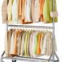 AOODA 50'' W Heavy Duty Clothes Rack for Hanging Clothes, Double Rods Industrial Clothing Rack with Wheels, Sturdy Rolling Garment Rack for Shirts, Coats, Jackets (Silver)