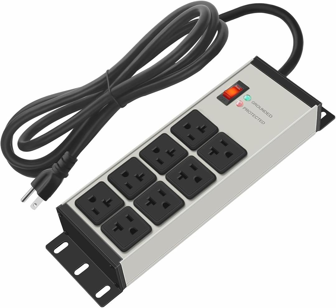 CCCEI Heavy Duty Power Strip Surge Protector 20 AMP, 8 Outlets 12 Gauge Industrial Shop Garage Metal Multiple Outlets, 10 FT Extension Cord 5-15P Adapter High Amp 6-20R T-Slot 20a for Appliance (Grey)