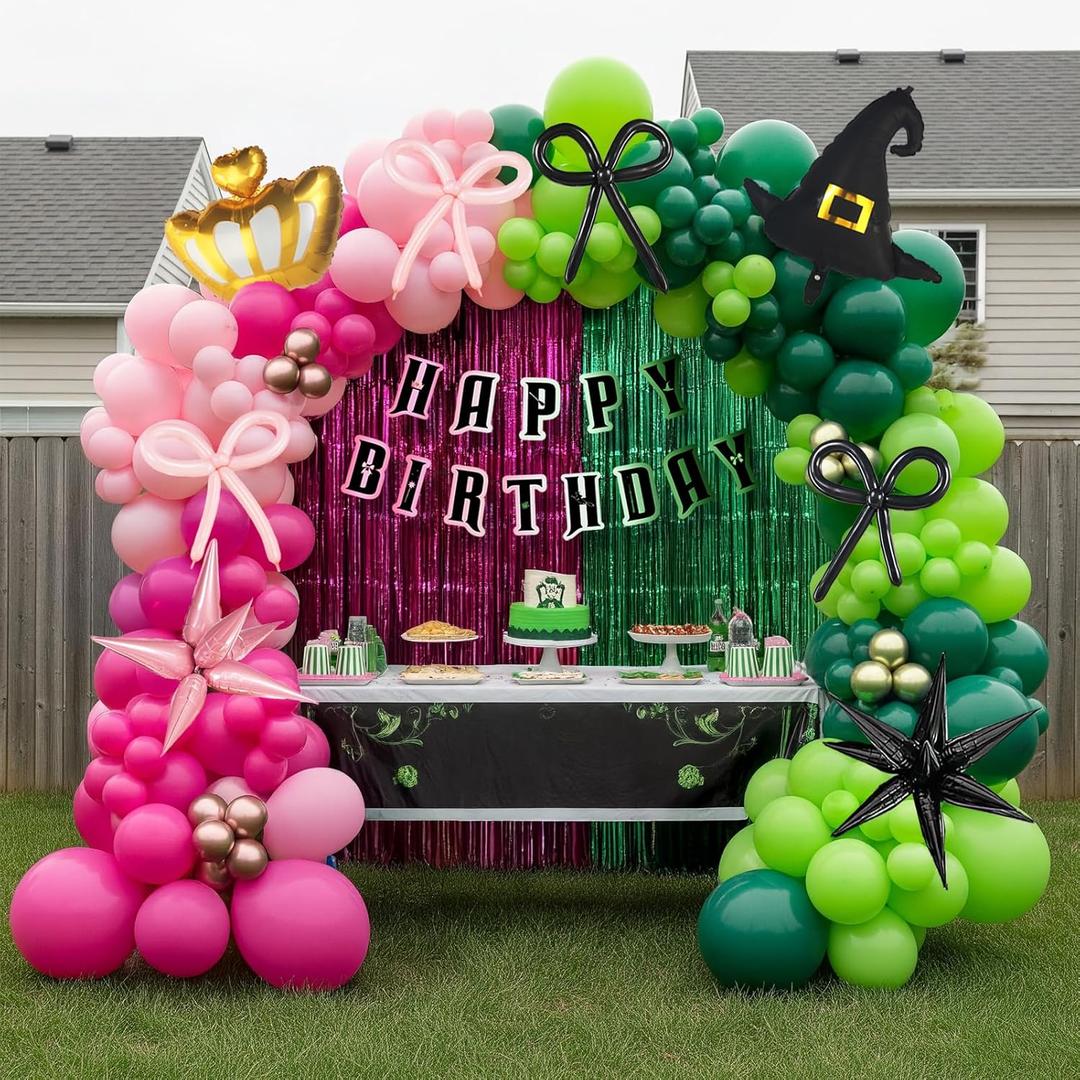 Green and Pink Balloon Garland Arch Kit, 120pcs with wizard hat star crown mylar balloon and Fringe Curtain Banner for Musical Theatre Witch Themed Birthday Baby Shower Decoration