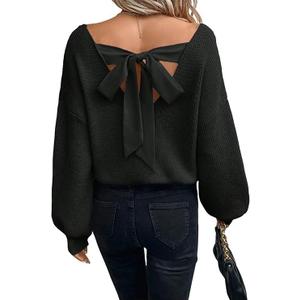 Chvity Women Sexy Backless Bow Tied Long Lantern Sleeve Pullover Sweaters Fall Winter Trendy Clothes (Medium, Black)