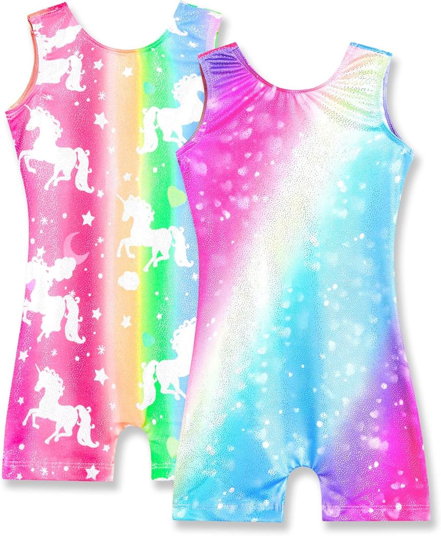 Nymphperi 2 Packs Gymnastics Leotard for Girls Sparkle Biketards with Shorts Kids Sleeveless Unitard One-Piece Dancewear, Size 105