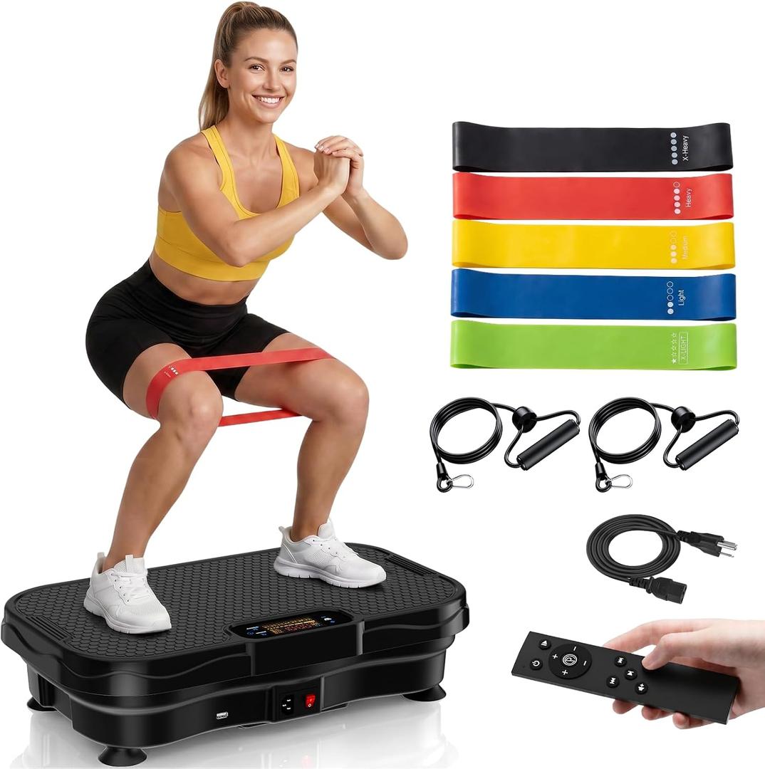 Vibration Plate for Lymphatic Drainage Weight Loss with Bluetooth, Black | Furaso Vibration Platform Machine with 200 Speed Levels, 450 Lbs Capacity, 2 Pull Rope, 5 Resistance Band for Home Women Men
