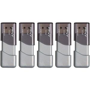 PNY 32GB Turbo Attache 3 USB 3.0 Flash Drive, Grey (Pack of 5)